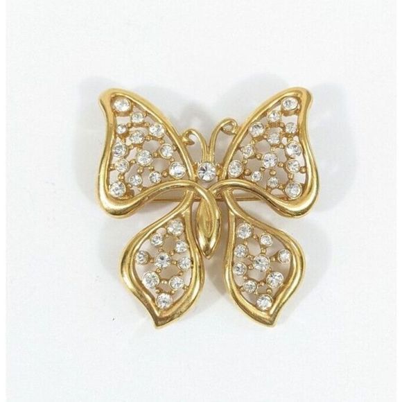 Butterfly Shaped Brooch White Rhinestones Gold Toned - Signed Monet - Picture 1 of 6